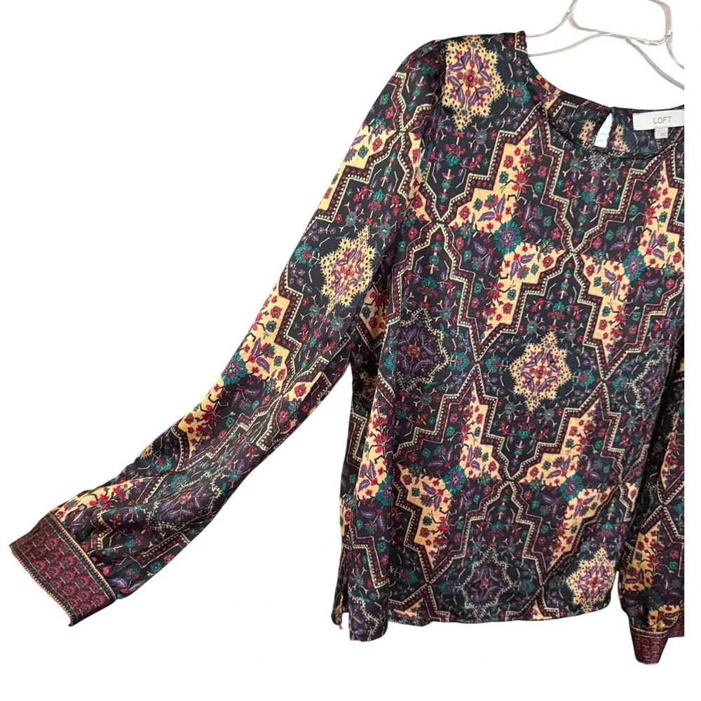 Loft Blouse Womens Large Multicolor Geometric Medallion Satin Puff Sleeve Boho